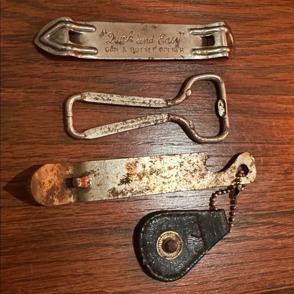 Vintage Quick and Easy Metal Bottle Openers Set of 3 with Black Leather Keychain